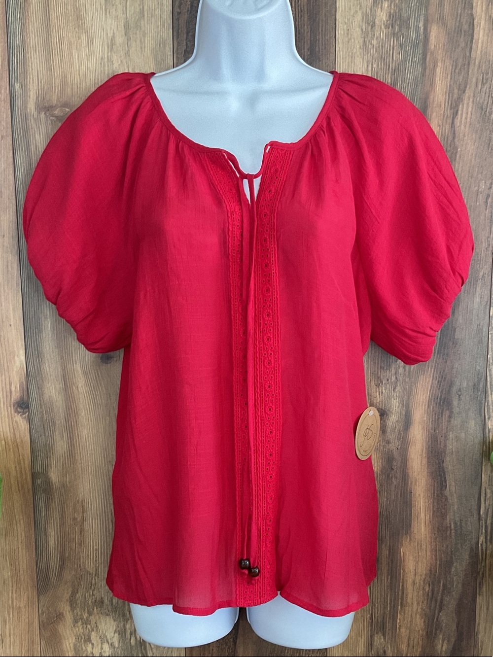 Parall Skies Red Puff-Sleeve Tie-Neck Peasant Blouse S C252